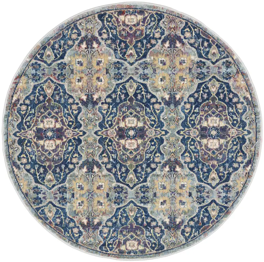 4' Blue and Yellow Floral Distressed Non Skid Round Rug Photo 8