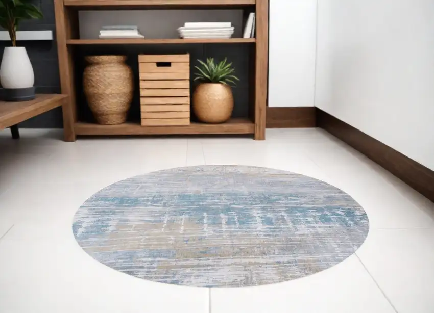 5' Blue and Yellow Round Abstract Non Skid Area Rug Photo 1