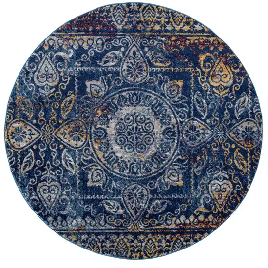 6' Blue and Yellow Round Southwestern Power Loom Area Rug Photo 1