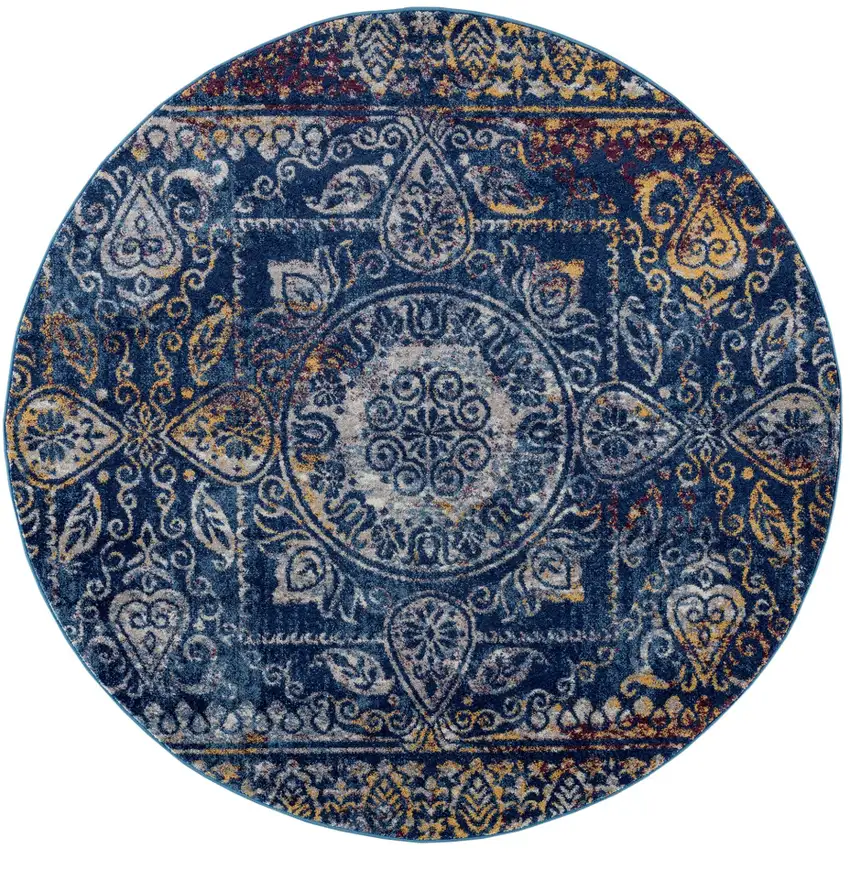 6' Blue and Yellow Round Southwestern Power Loom Area Rug Photo 1