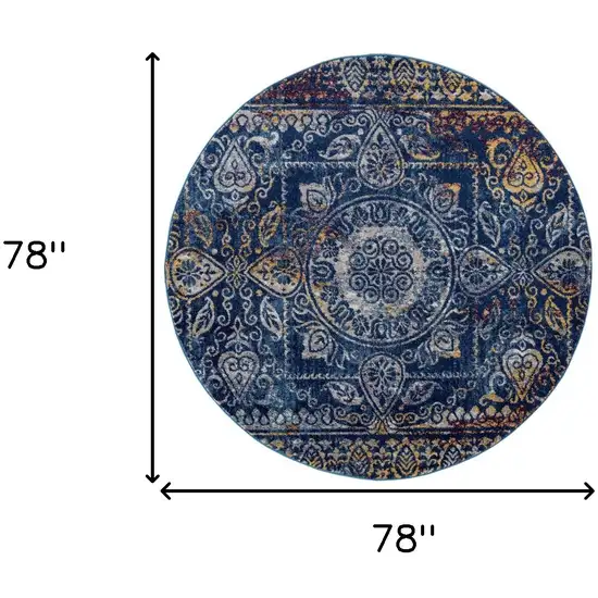 6' Blue and Yellow Round Southwestern Power Loom Area Rug Photo 5