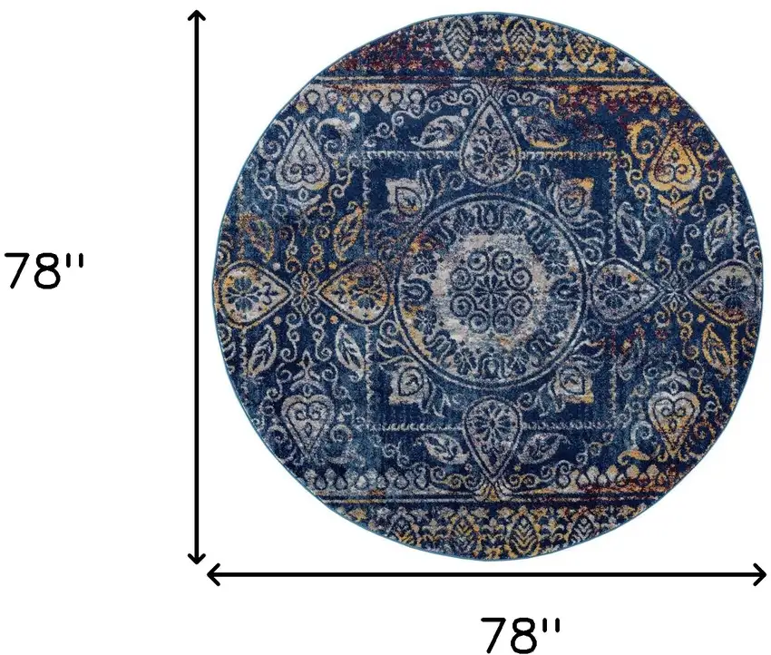 6' Blue and Yellow Round Southwestern Power Loom Area Rug Photo 5