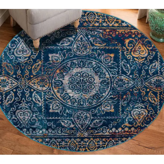 6' Blue and Yellow Round Southwestern Power Loom Area Rug Photo 4