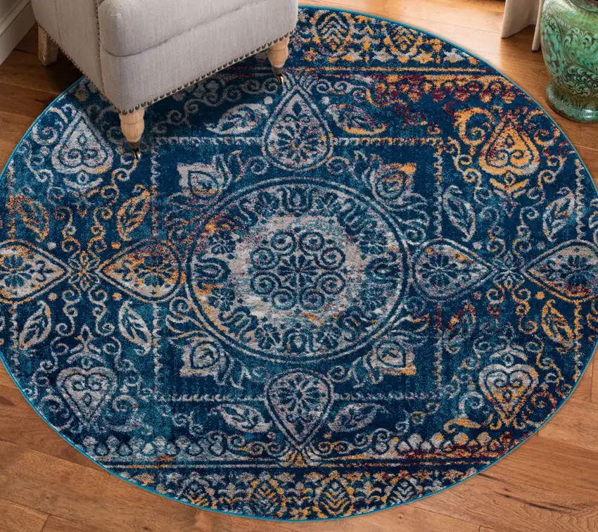 6' Blue and Yellow Round Southwestern Power Loom Area Rug Photo 4