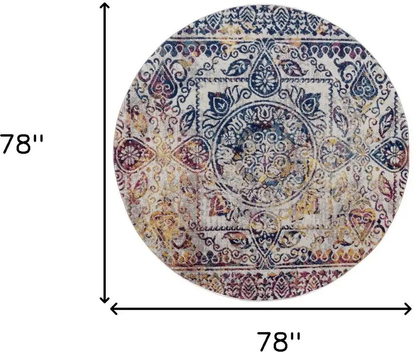 6' Blue and Yellow Round Southwestern Power Loom Area Rug Photo 5