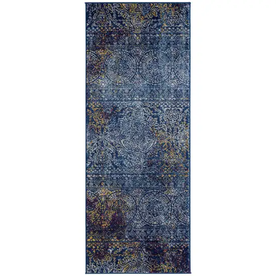 6' Blue and Yellow Southwestern Power Loom Runner Rug Photo 1