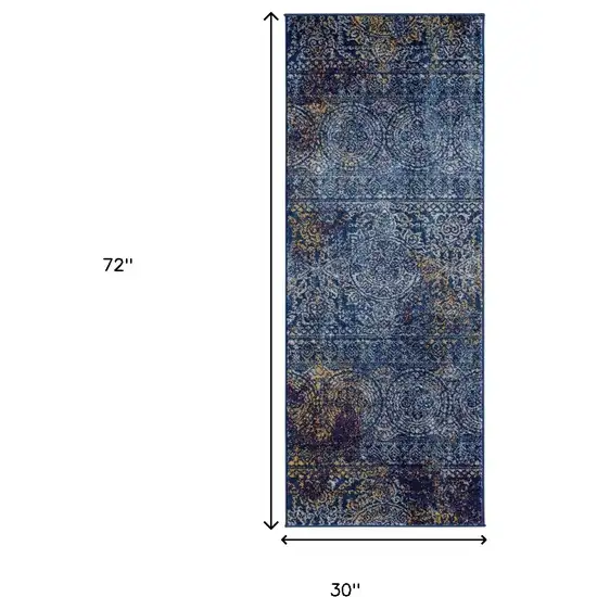 6' Blue and Yellow Southwestern Power Loom Runner Rug Photo 5