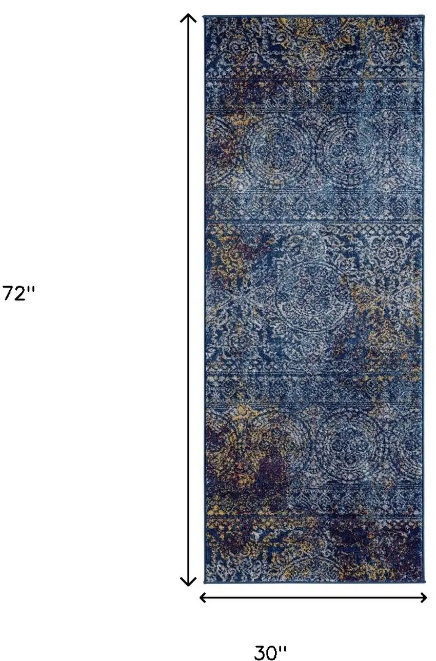 6' Blue and Yellow Southwestern Power Loom Runner Rug Photo 5