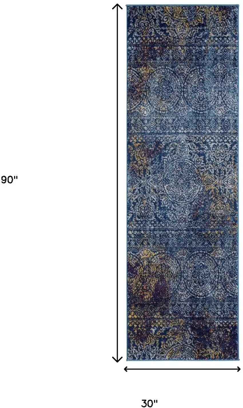 7' Blue and Yellow Southwestern Power Loom Runner Rug Photo 5