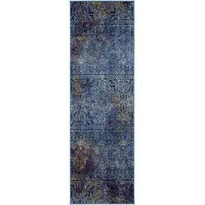 Photo of 7' Blue and Yellow Southwestern Power Loom Runner Rug
