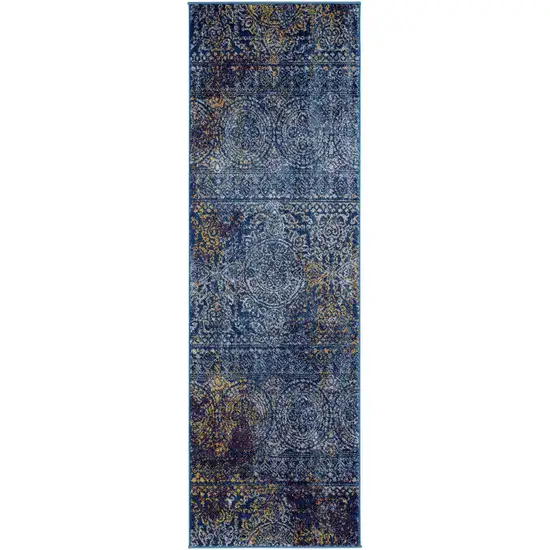 7' Blue and Yellow Southwestern Power Loom Runner Rug Photo 1