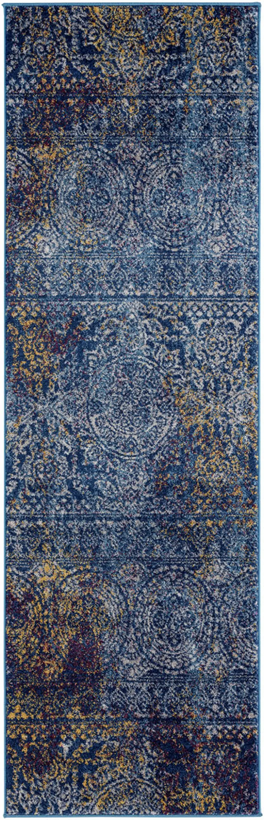 7' Blue and Yellow Southwestern Power Loom Runner Rug Photo 1