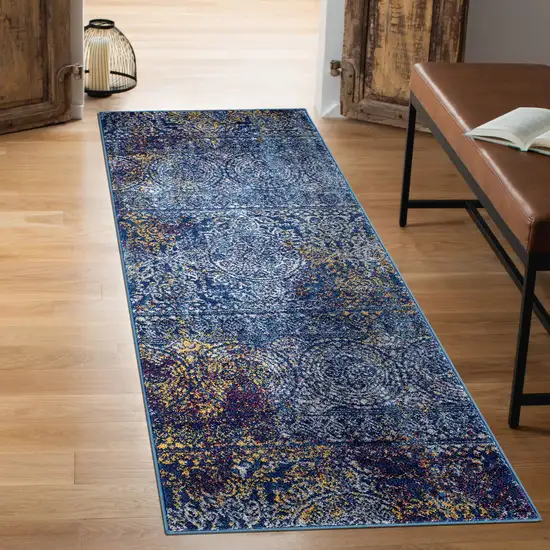 7' Blue and Yellow Southwestern Power Loom Runner Rug Photo 4