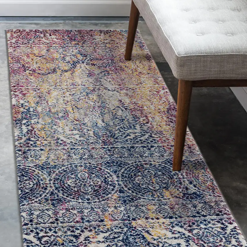 6' Blue and Yellow Southwestern Power Loom Runner Rug Photo 4