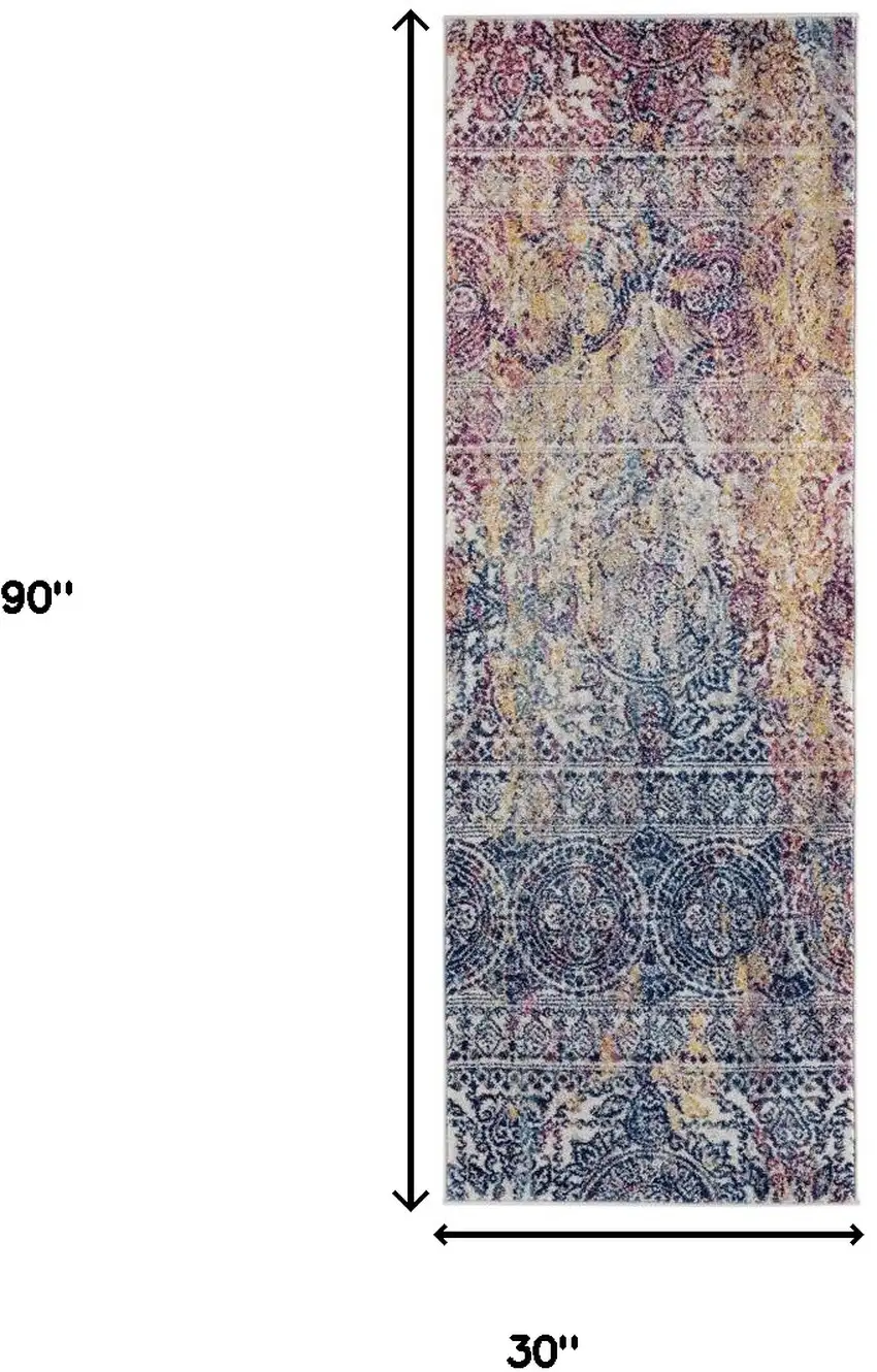 7' Blue and Yellow Southwestern Power Loom Runner Rug Photo 5