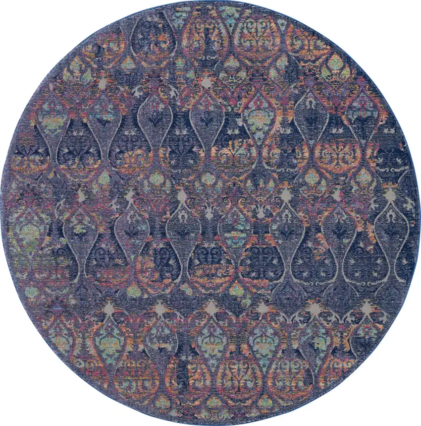4' Blue and Yellow Trellis Distressed Non Skid Round Rug Photo 2