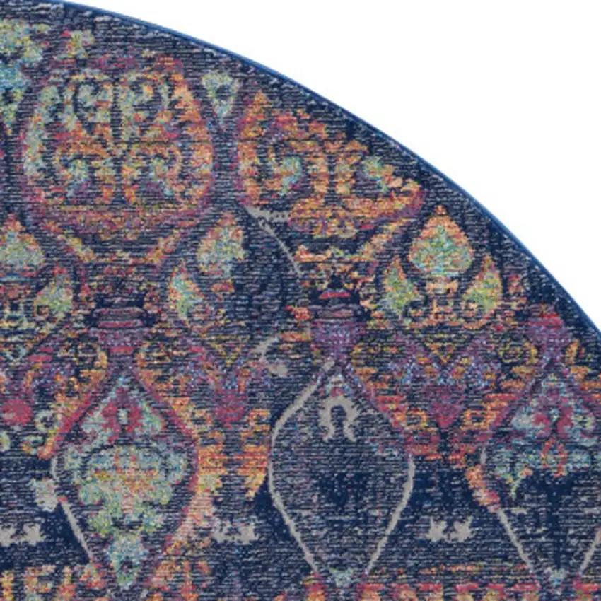 4' Blue and Yellow Trellis Distressed Non Skid Round Rug Photo 7
