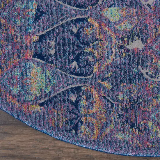 4' Blue and Yellow Trellis Distressed Non Skid Round Rug Photo 4