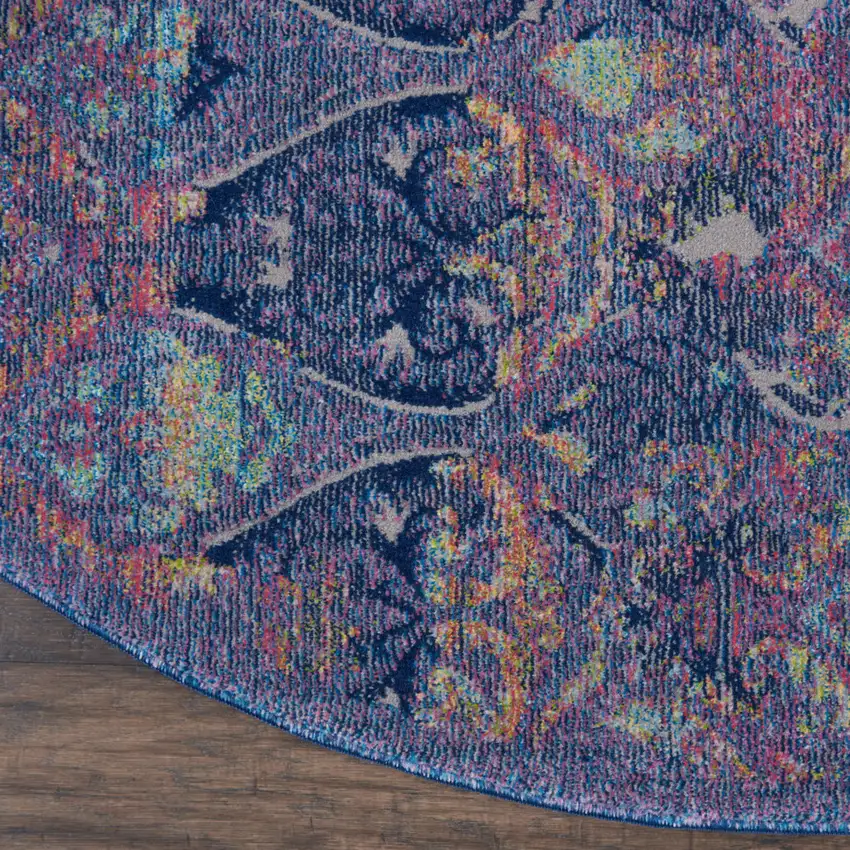 4' Blue and Yellow Trellis Distressed Non Skid Round Rug Photo 4