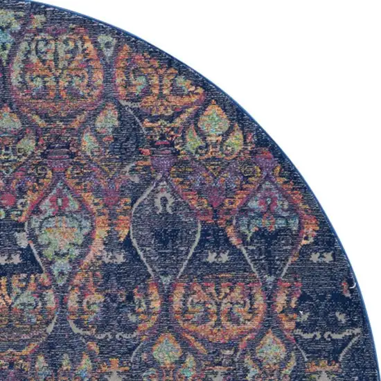 4' Blue and Yellow Trellis Distressed Non Skid Round Rug Photo 3