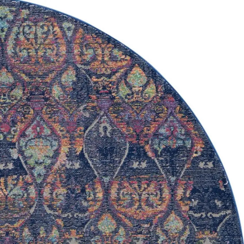 4' Blue and Yellow Trellis Distressed Non Skid Round Rug Photo 3