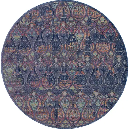 4' Blue and Yellow Trellis Distressed Non Skid Round Rug Photo 4