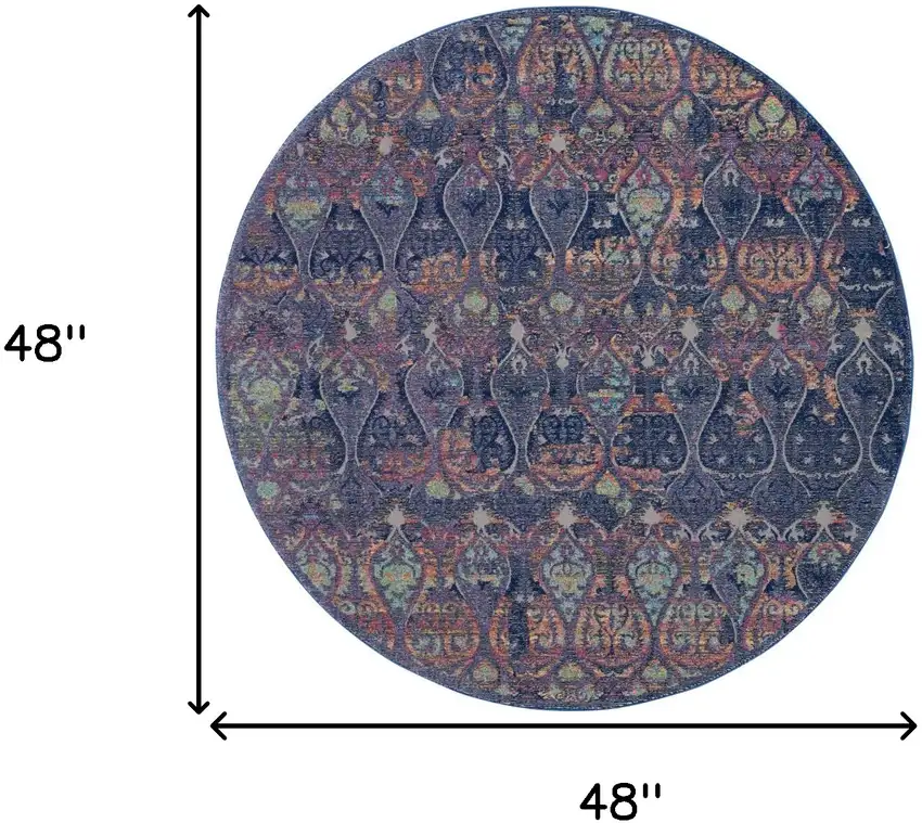 4' Blue and Yellow Trellis Distressed Non Skid Round Rug Photo 3