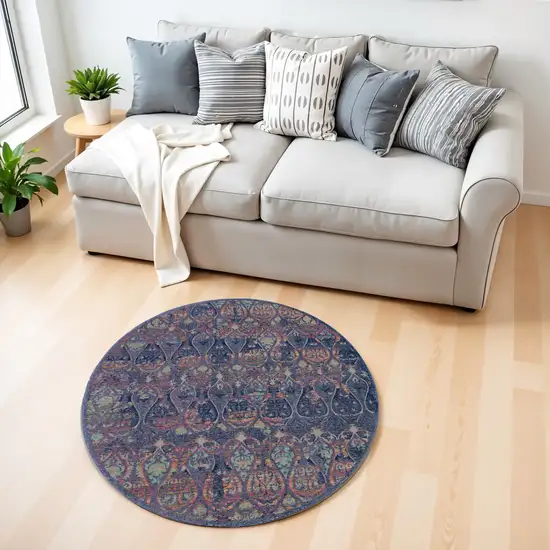 4' Blue and Yellow Trellis Distressed Non Skid Round Rug Photo 1