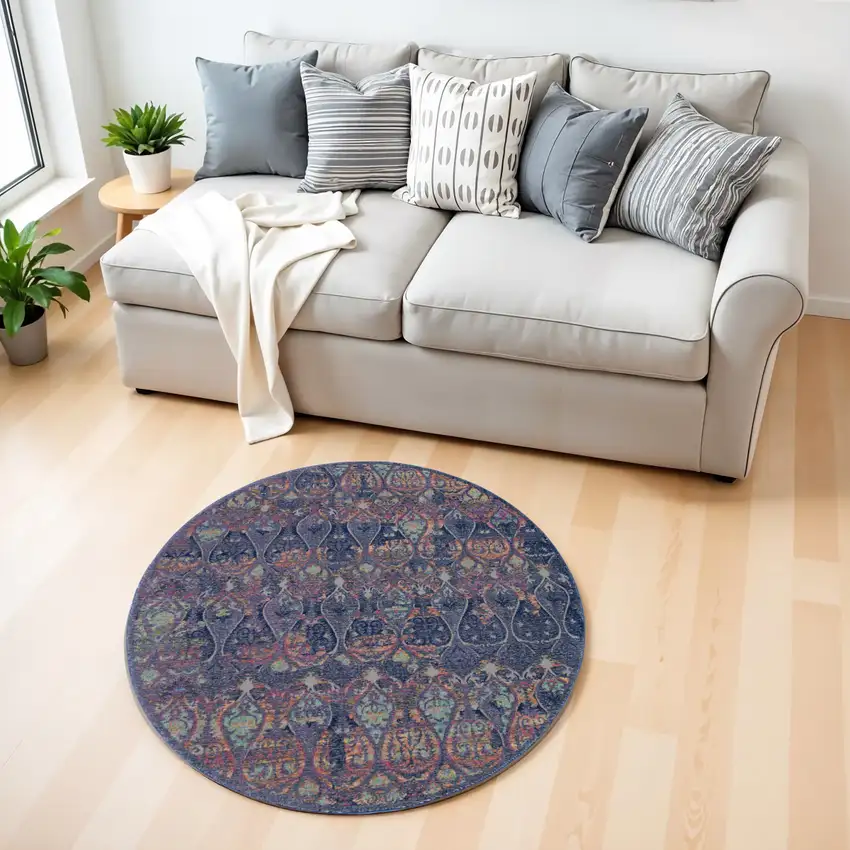 4' Blue and Yellow Trellis Distressed Non Skid Round Rug Photo 1
