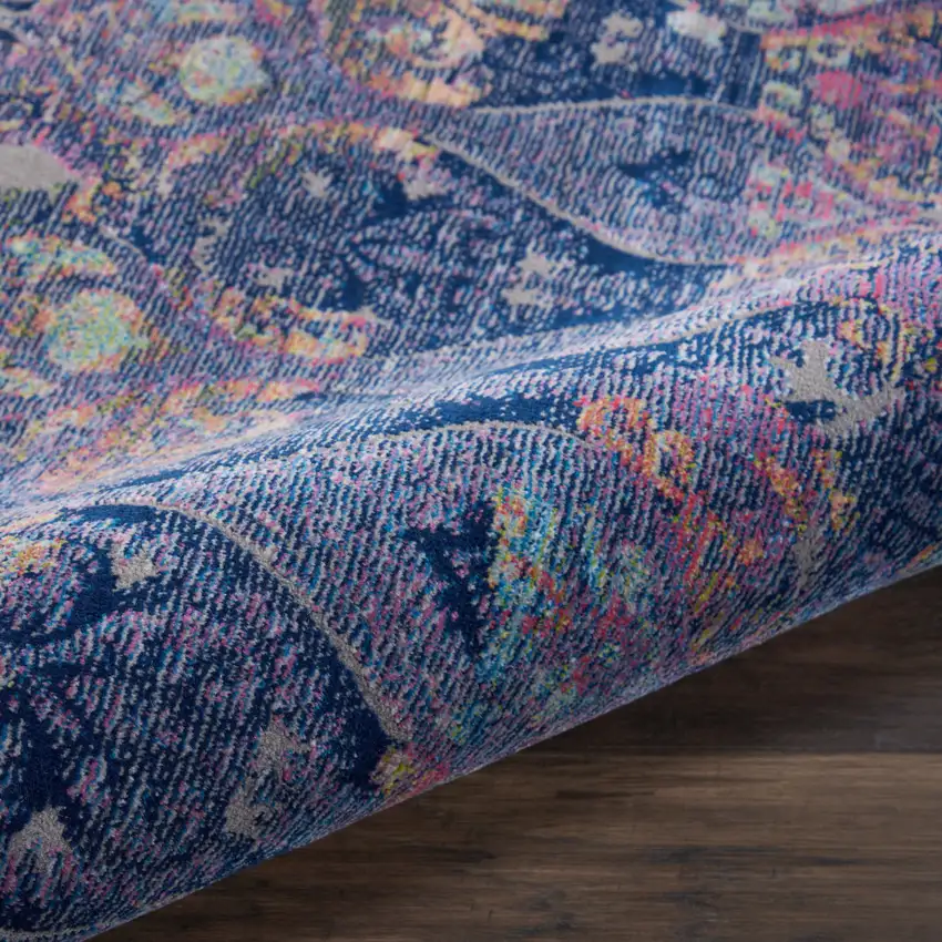 4' Blue and Yellow Trellis Distressed Non Skid Round Rug Photo 9