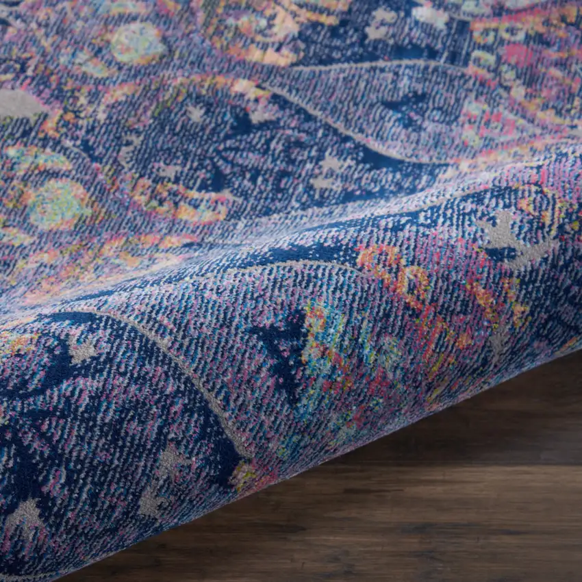 4' Blue and Yellow Trellis Distressed Non Skid Round Rug Photo 6
