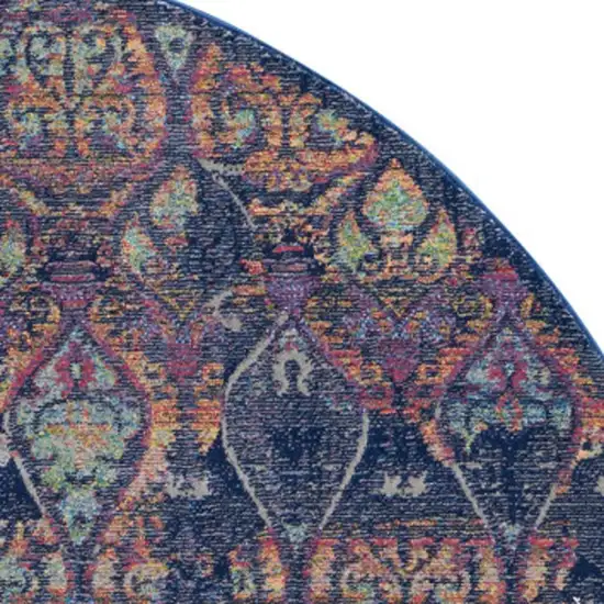 4' Blue and Yellow Trellis Distressed Non Skid Round Rug Photo 1