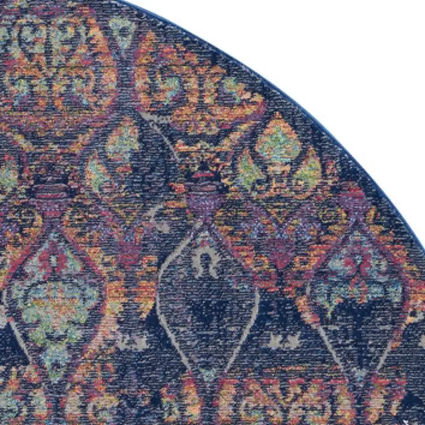 4' Blue and Yellow Trellis Distressed Non Skid Round Rug Photo 1