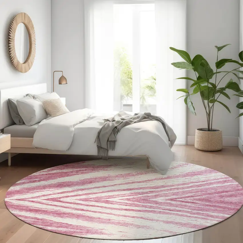 8' Blush And Beige Abstract Washable Round Rug With UV Protection Photo 5
