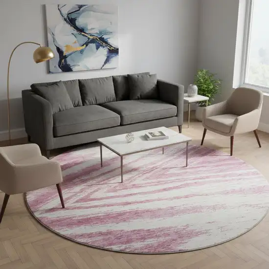 8' Blush And Beige Abstract Washable Round Rug With UV Protection Photo 2
