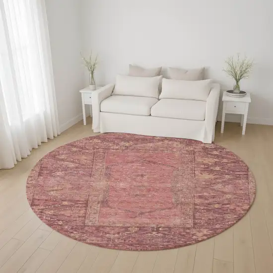 8' Blush And Beige Oriental Washable Round Rug With UV Protection Photo 4