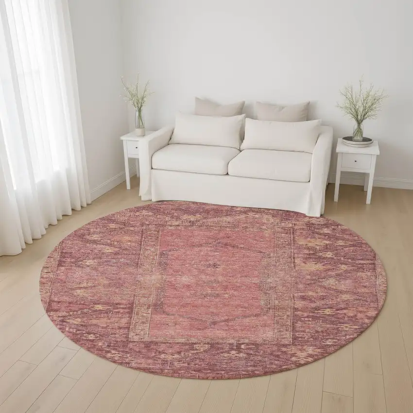 8' Blush And Beige Oriental Washable Round Rug With UV Protection Photo 4