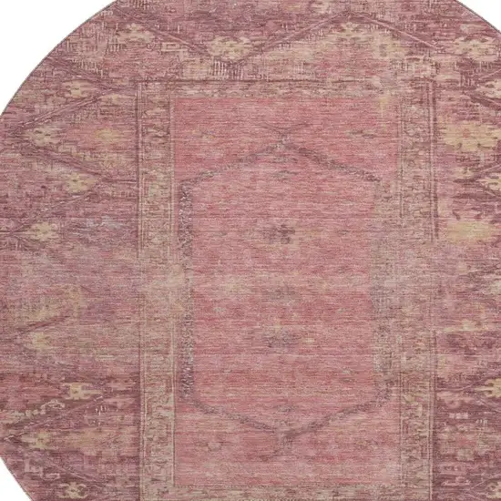 8' Blush And Beige Oriental Washable Round Rug With UV Protection Photo 2