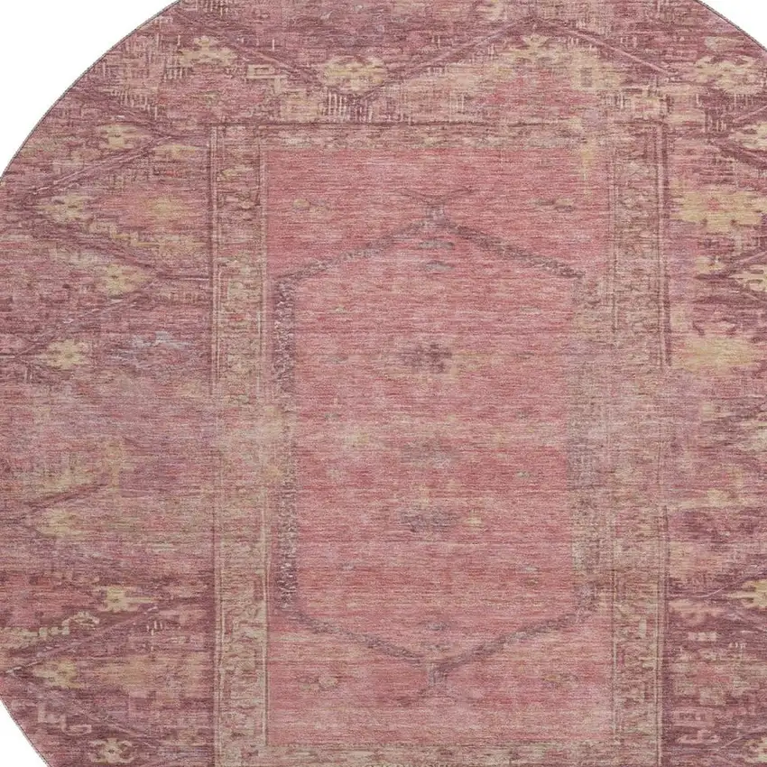 8' Blush And Beige Oriental Washable Round Rug With UV Protection Photo 2