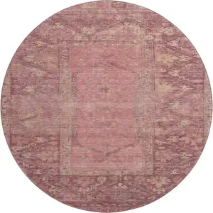 Photo of 8' Blush And Beige Oriental Washable Round Rug With UV Protection