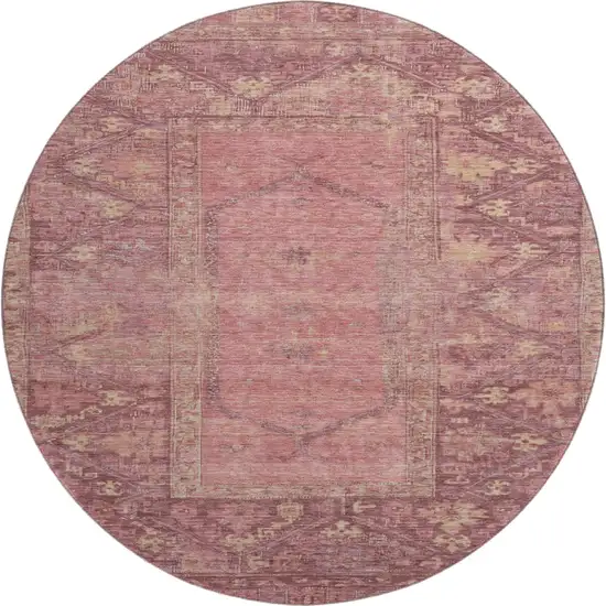 8' Blush And Beige Oriental Washable Round Rug With UV Protection Photo 1