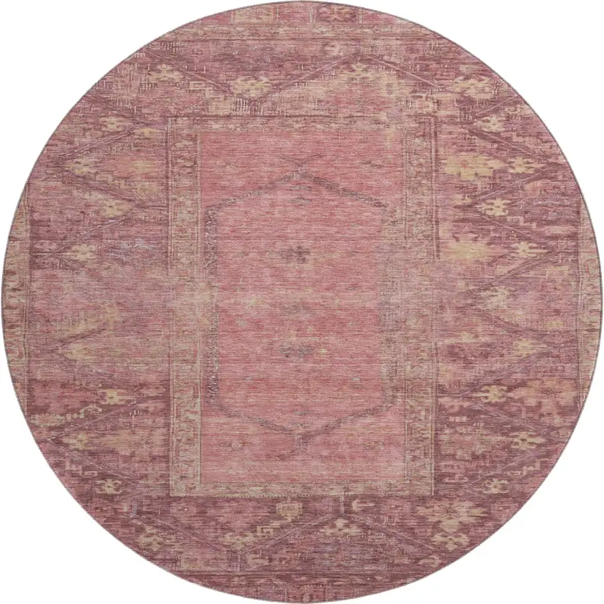 8' Blush And Beige Oriental Washable Round Rug With UV Protection Photo 1