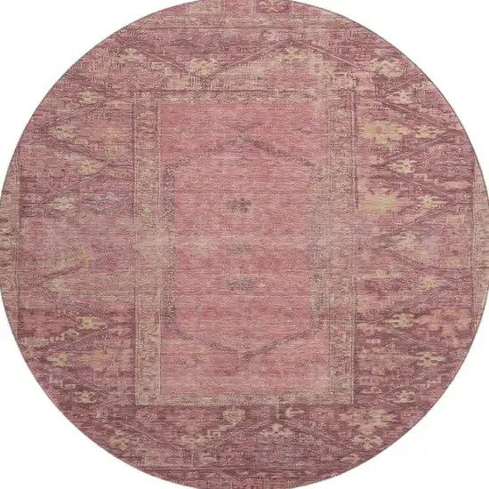 8' Blush And Beige Oriental Washable Round Rug With UV Protection Photo 3