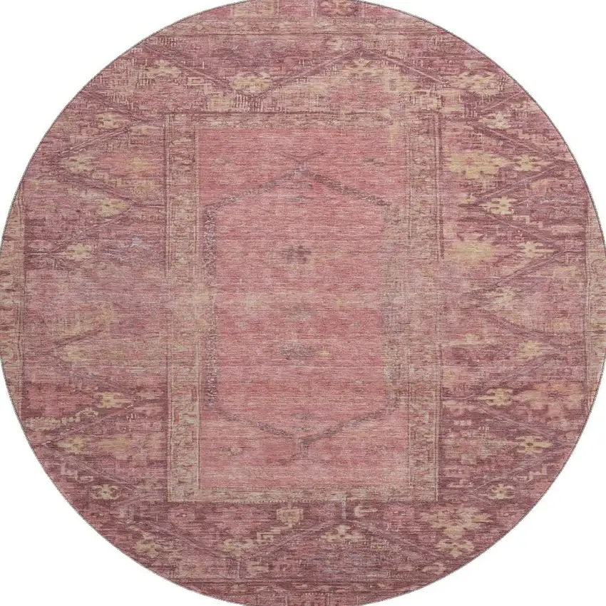 8' Blush And Beige Oriental Washable Round Rug With UV Protection Photo 3