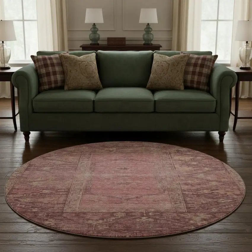 8' Blush And Beige Oriental Washable Round Rug With UV Protection Photo 2