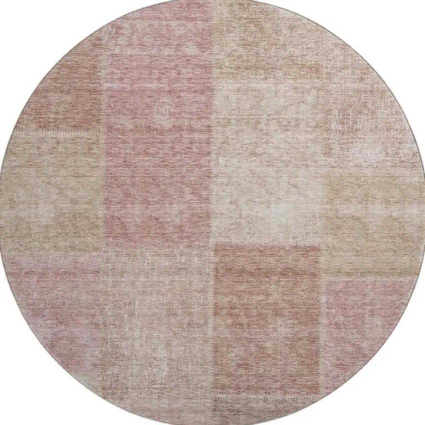 8' Blush And Beige Patchwork Washable Round Rug With UV Protection Photo 3