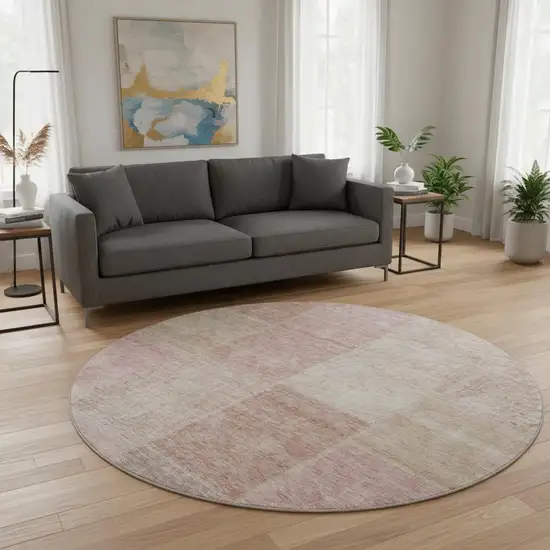 8' Blush And Beige Patchwork Washable Round Rug With UV Protection Photo 2