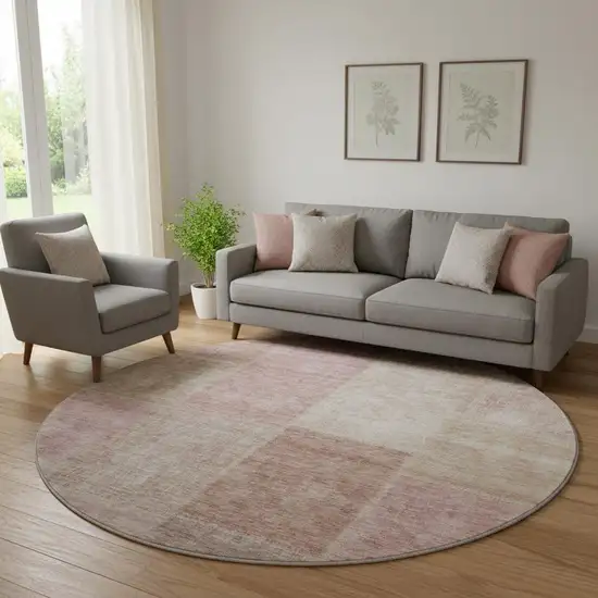 8' Blush And Beige Patchwork Washable Round Rug With UV Protection Photo 1