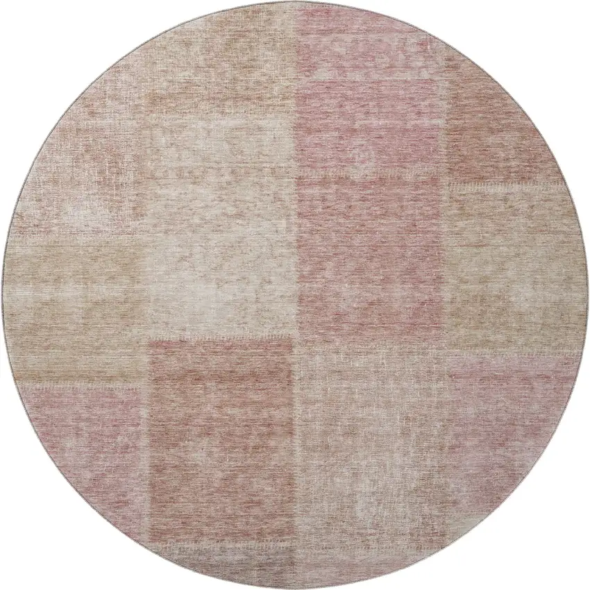 8' Blush And Beige Patchwork Washable Round Rug With UV Protection Photo 4