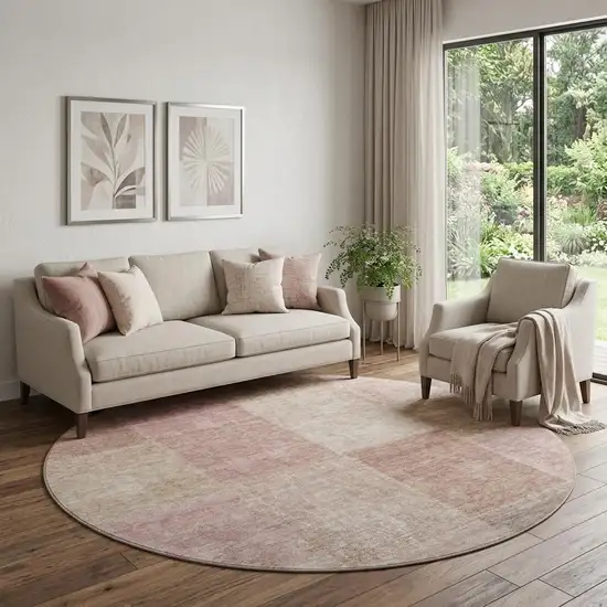 8' Blush And Beige Patchwork Washable Round Rug With UV Protection Photo 1
